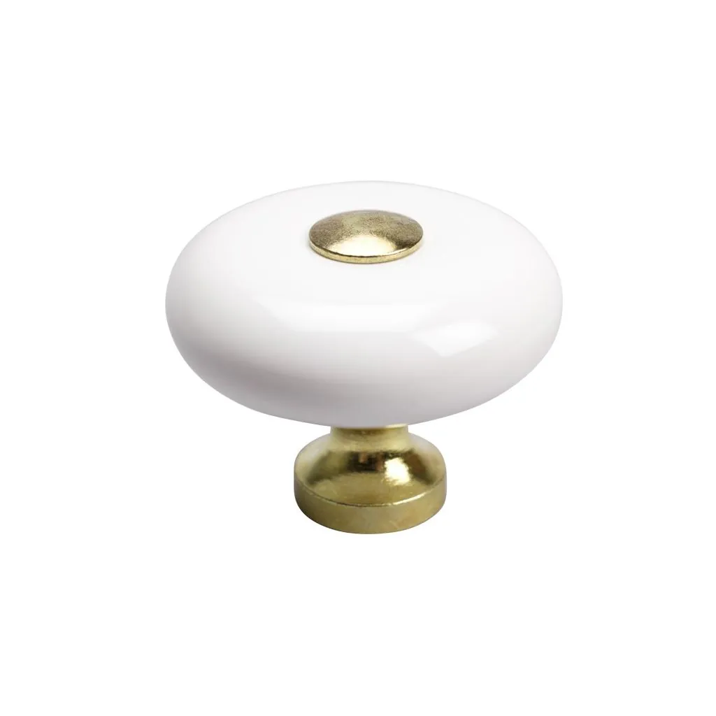 Knopgreb Hvid porcelæn med messing knap - Inkl. skrue - Skabsdesign