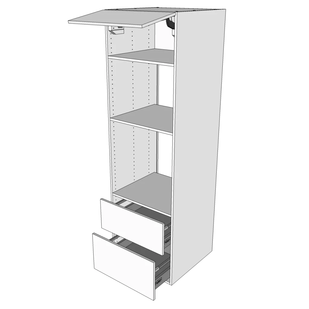 Indbygningsskab til ovn 60 cm med toplåge, 3 hylder og 2 skuffer - fuldudtræk - Roma Hvid Mat Folie