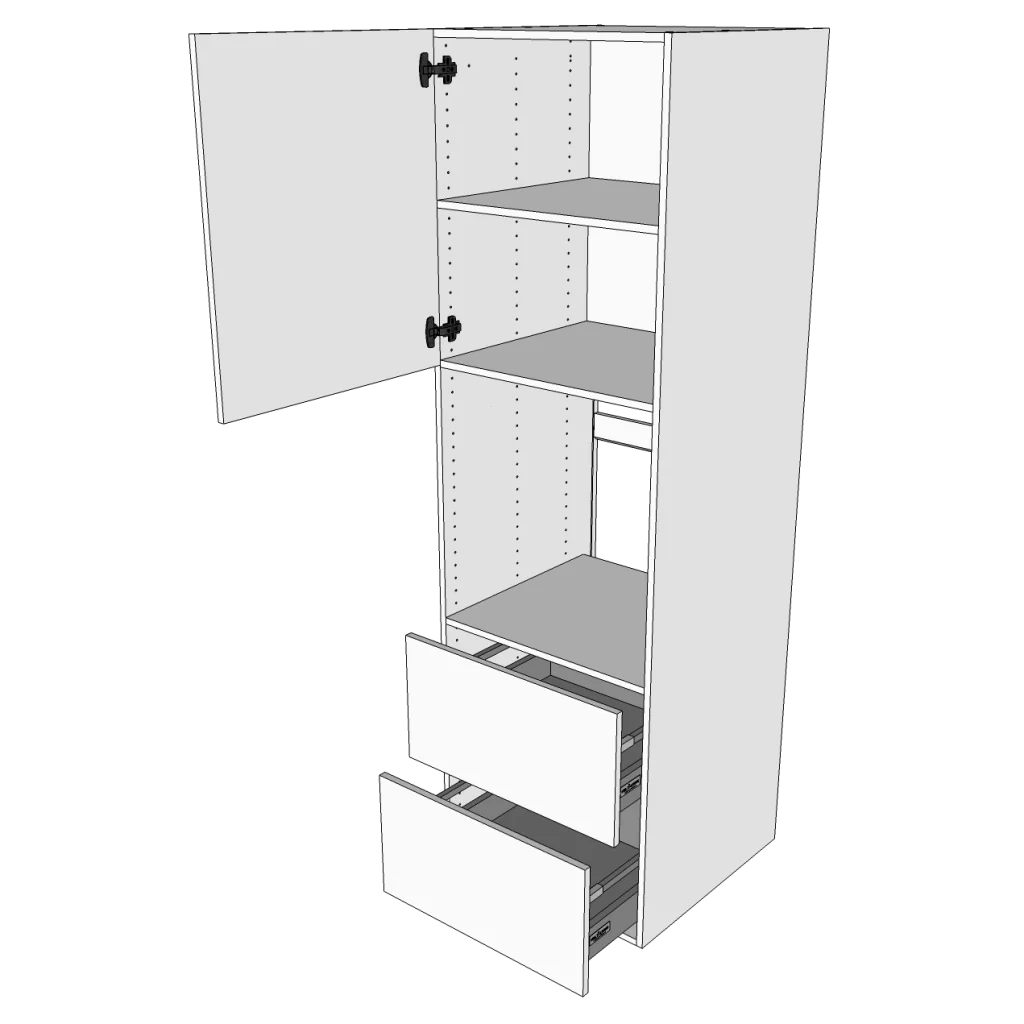 Indbygningsskab til ovn 60 cm med 3 hylder, låge og 2 skuffer - fuldudtræk. - Roma Hvid Mat Folie