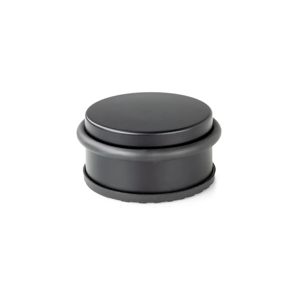 Dørstopper sort lakeret metal med gummifod og gummiring Ø104mm H49mm - Skabsdesign.dk