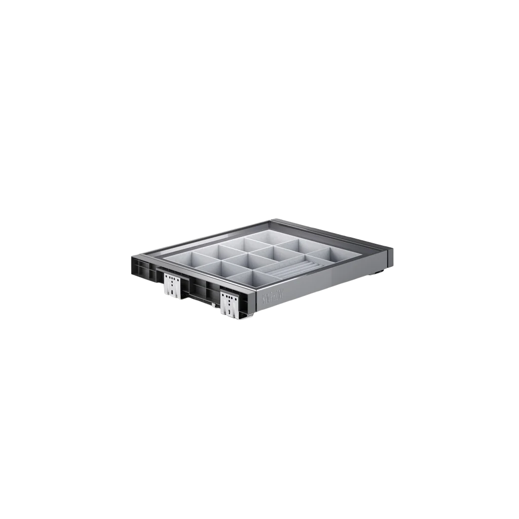 Udtræk til M60 skab FLEX Bredde 550-610mm - Højde 55mm - Inkl. fuldudtræks skinner - 10 rum og smykke organizor